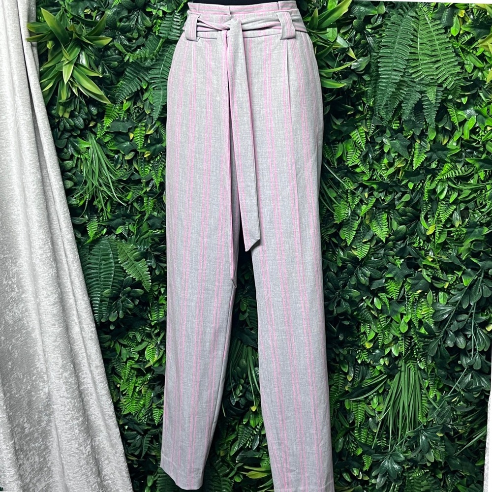 Express Pants Size 2L Pink Gray Ankle High Rise Striped Paperbag Waist 3430 - Picture 7 of 11